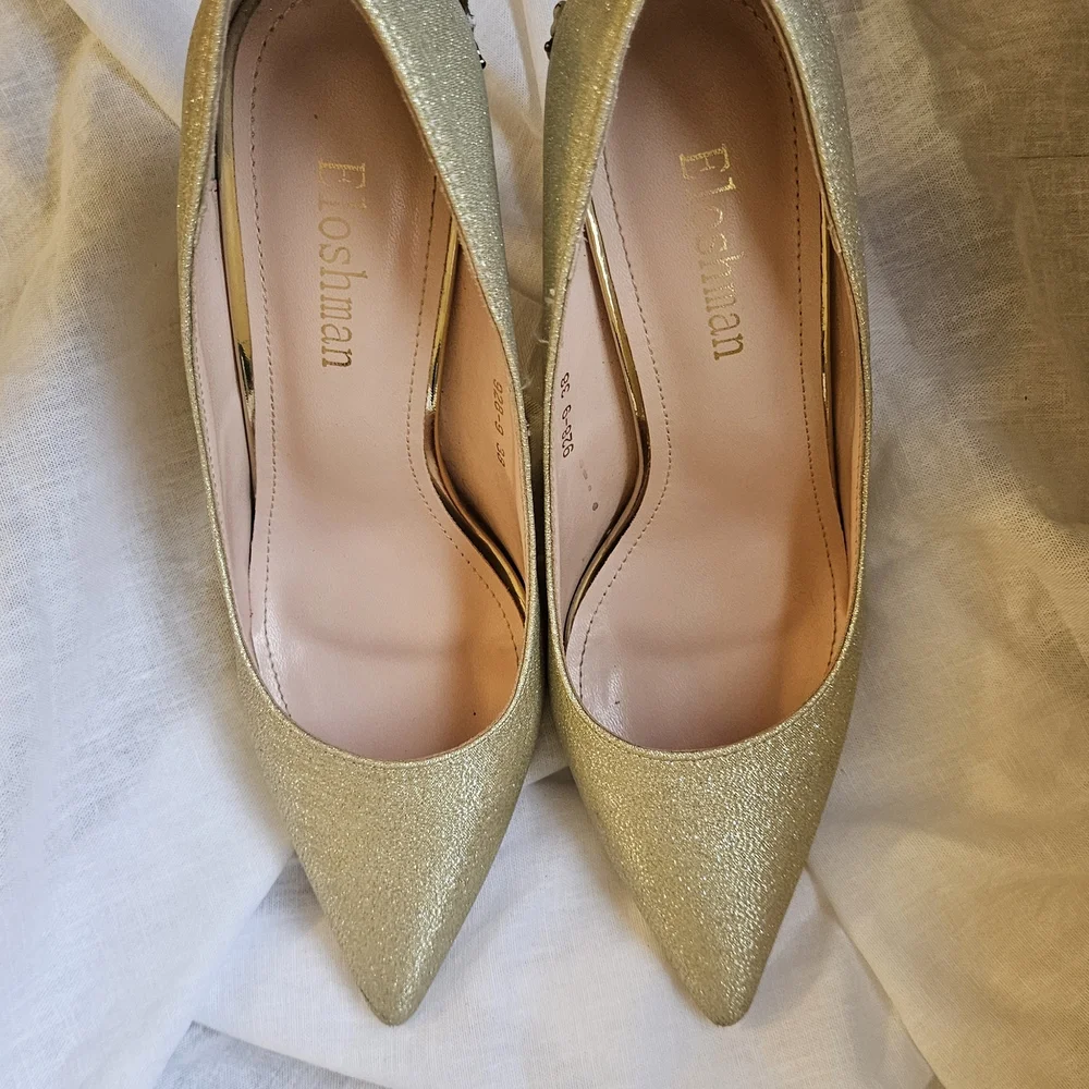 Gold Embellished Women's Evening Heels - Picture 5 of 7